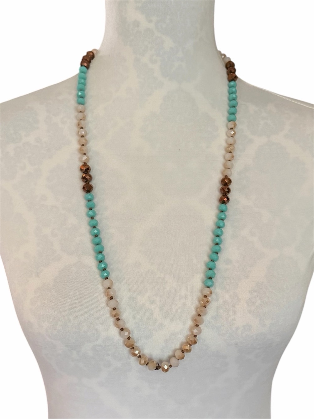 Blue, Cream & Bronze Faceted Glass Beaded Long Necklace Knotted Brown Thread